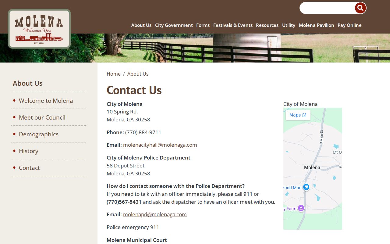 Official Molena contact page listing city court and police channels